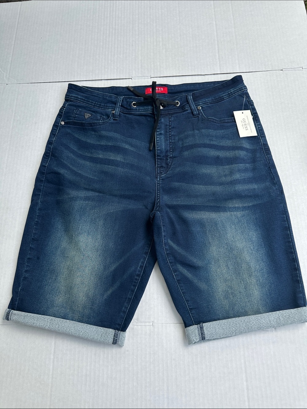 New Guess Men's Navy Blue Denim Jean Shorts with Drawstring SZ 36